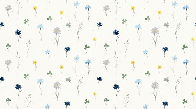 Watercolor Wildflower Seamless Pattern with Blue, Yellow, and Gray Botanical Elements on White Background, Vector Illustration