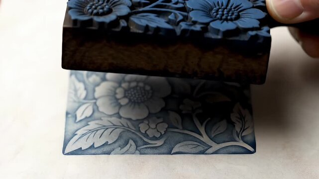 Artisan stamping blue floral pattern using traditional wooden block print