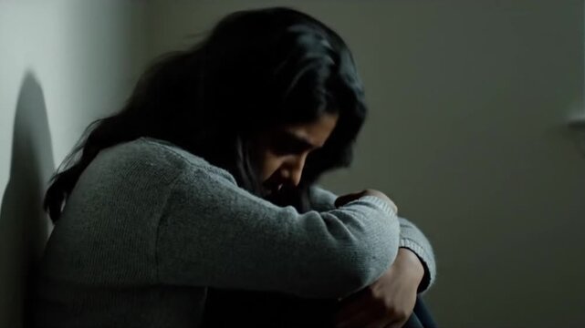 A young woman sitting alone in a dimly lit room, lost in thought and sorrow.