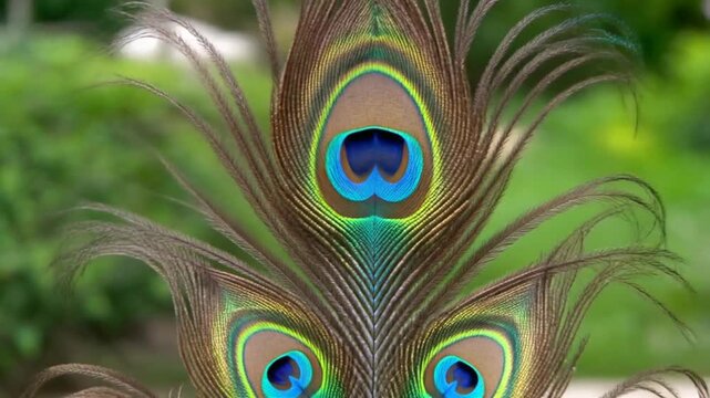 Vibrant Peacock Feathers in Garden Setting