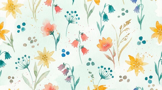 Watercolor floral seamless pattern with wildflowers, bells, and edelweiss on light mint background. Botanical illustration for fabric, wallpaper, packaging.