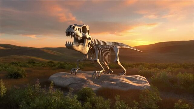 Dinosaur skeleton on rock at sunset in mountains
