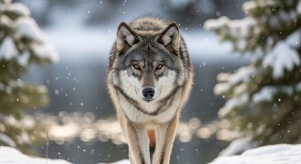 Fototapeta premium Majestic wolf walking through snowy winter forest with snow-covered trees and a calm icy landscape creating a serene wilderness scene for nature lovers and wildlife enthusiasts