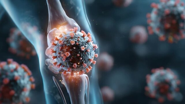 Microscopic Threat: A detailed visualization of a virus encroaching upon a joint, showcasing the microscopic battle within.
