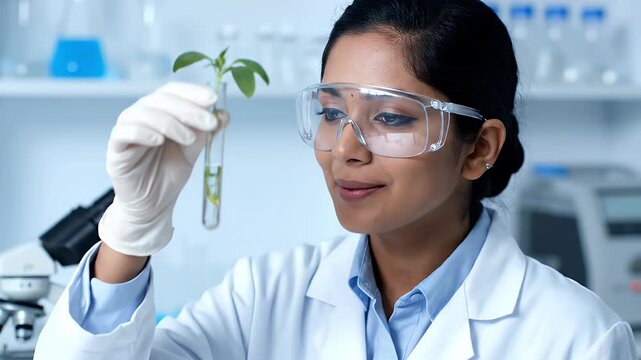 Young Indian Scientist Examining Plant Growth in Test Tube in Modern Lab