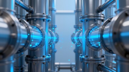 Industrial piping system with glowing blue elements