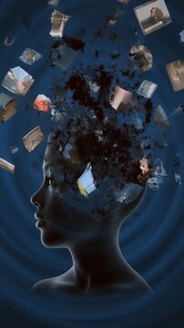 Man with thoughts exploding out of his head against blue background