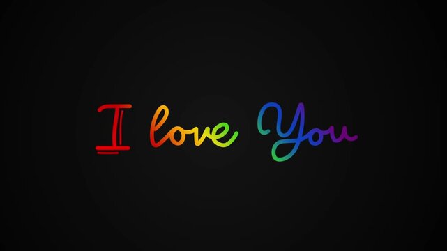 I love you One line continuous animated typography intro outro animation video, hand drawn calligraphy monoline lettering vintage single line text proposal rainbow type on black background bg backdrop
