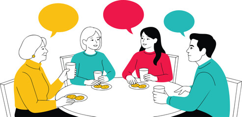 Group of Senior Friends Talking and Having Tea Together in a Caf&eacute; Vector Illustration