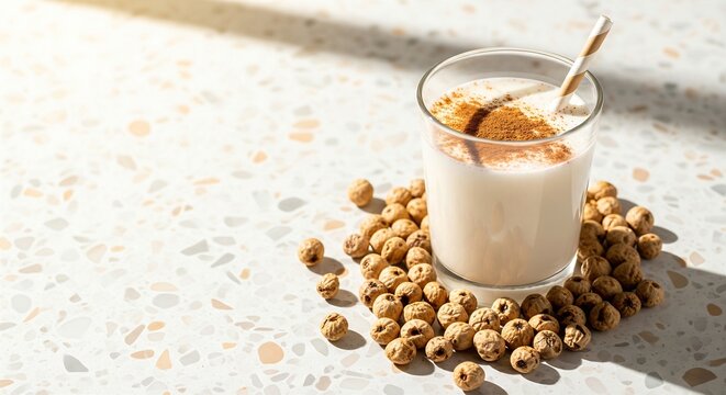 A glass of milky white horchata with a straw, surrounded by small tiger nuts (chufas) and a dusting of cinnamon, on a light-colored terrazo surface with bright, Mediterranean diffused light, 16:9 rati