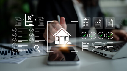A professional person uses a smartphone and laptop while interacting with digital checklist icons...