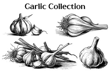 Garlic Collection Vintage Engraving Illustration Set &ndash; Hand Drawn Botanical Line Art. Perfect for projects that require a natural, organic, and timeless aesthetic, this collection is ideal for both