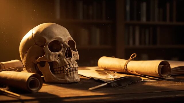 Skull and Ancient Scrolls on Wooden Table in Library with Golden Lighting and Dust Particles for History or Education