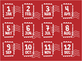 切手と消印の郵便マーク風 月毎のラフなカレンダー見出しセット