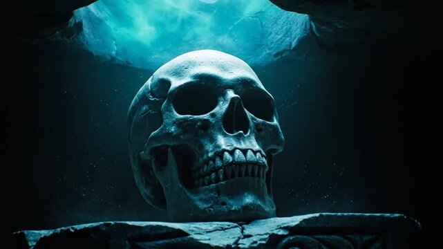 Skull on Carved Pedestal in Cave with Blue Light Effect, Mystical Dark Fantasy Themed, High-Quality Render, Perfect for
