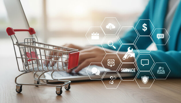 Woman using laptop for online shopping, shopping cart and service icons on virtual screen