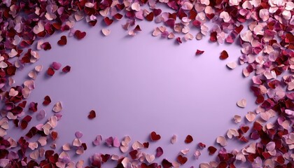 Obraz premium Scattered heart shaped confetti and petals form a decorative border around a pale lavender background