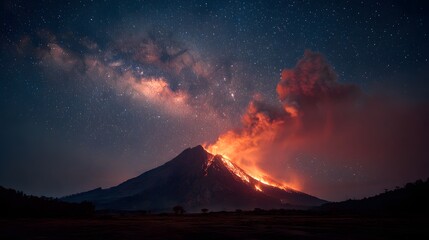 Fototapeta premium Volcano erupts at night with bright orange lava flows cascading down slopes under the Milky Way galaxy in a brilliant starry night sky view.