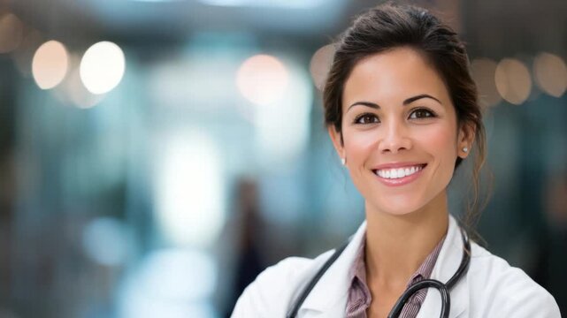 Empathetic Healthcare Professional: A close-up shot of a radiant female medical professional, exudes warmth and professionalism, she is wearing a stethoscope
