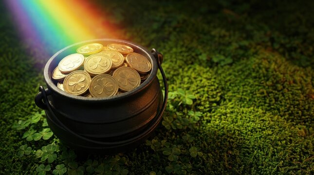 Pot of gold coins at rainbow's end on shamrock grass