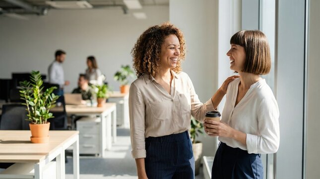 Two businesswomen chatting in modern office with coworkers in background