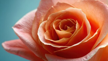 Close up photograph reveals the intricate details and soft hues of a blooming peach colored flower against a cool blue background.