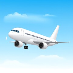 Obraz premium White airplane flying amidst fluffy clouds in a light blue sky. Modern, clean design