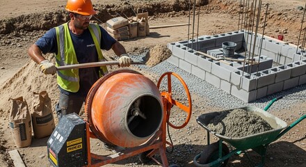 Construction Worker Mixing Concrete on Site.