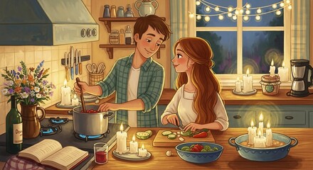 Couple Cooking Together in Cozy Kitchen.