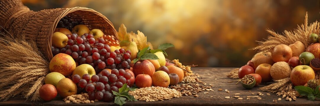 Overflowing Harvest Horn of Plenty, spilling fruits & grains on rustic wooden surface