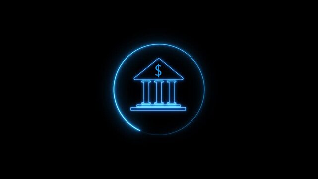 glowing neon bank icon animation, virtual finance structure light motion, digital banking logo animation background, glowing architecture finance symbol. 4k 