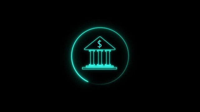 glowing neon bank icon animation, virtual finance structure light motion, digital banking logo animation background, glowing architecture finance symbol. 4k 