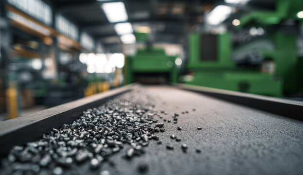 Small metallic shrapnel pieces with rough texture and shiny silver surface on a conveyor belt in industrial setting