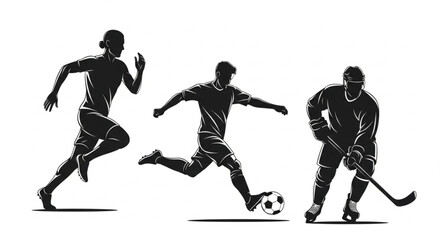 Fototapeta premium Silhouettes representing three different sports: a runner, a soccer player kicking a ball, and an ice hockey player with a stick.