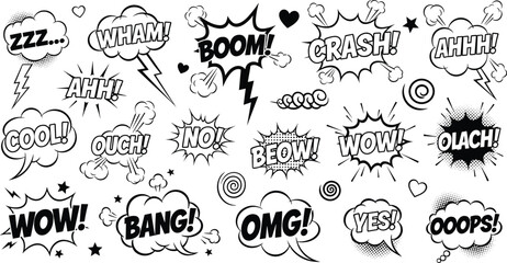 Large collection of black and white comic book speech bubbles with onomatopoeia sound effects and action exclamations isolated © NURUL