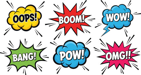 Set of colorful comic book speech bubbles with pop art onomatopoeia sound effects and action exclamations isolated © NURUL