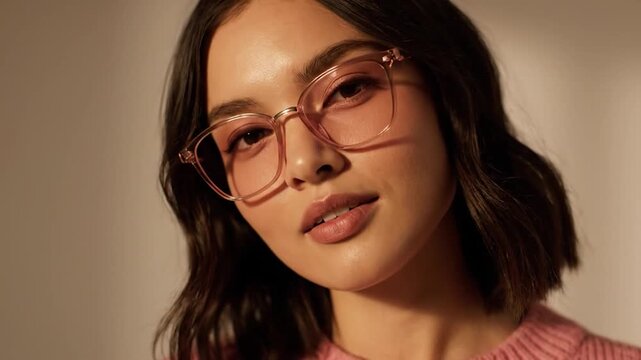 Young woman wearing pink glasses and a pink sweater.