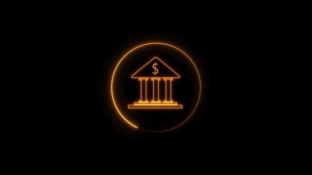 glowing neon bank icon animation, virtual finance structure light motion, digital banking logo animation background, glowing architecture finance symbol. 4k 