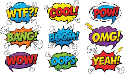 Large collection of 3D comic book speech bubbles with pop art onomatopoeia sound effects and action exclamations isolated © NURUL