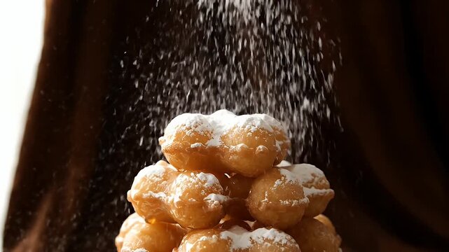 Powdered Sugar Falling on Golden Fried Doughnuts in Slow Motion