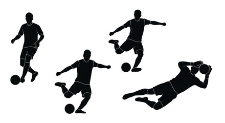 Obraz premium Black silhouettes of football players in various action poses including dribbling, shooting, and a goalkeeper diving to save a goal.
