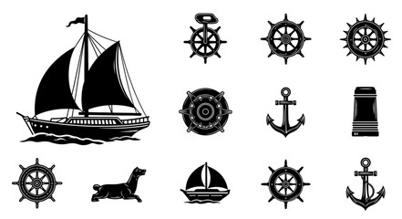 Nautical Icons Collection Silhouette Set.