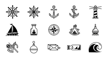 Nautical Icons Collection Ship Wheel Anchor Lighthouse Sailboat Compass. © Chanyan