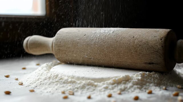 Closeup of flour falling on wooden rolling pin while preparing dough