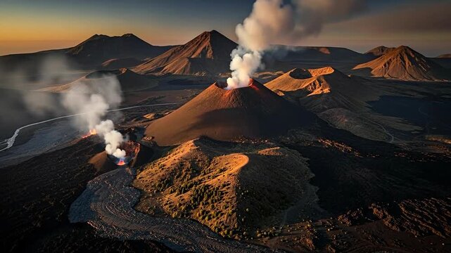 Dramatic aerial view of active volcanoes with smoke and rugged landscape.