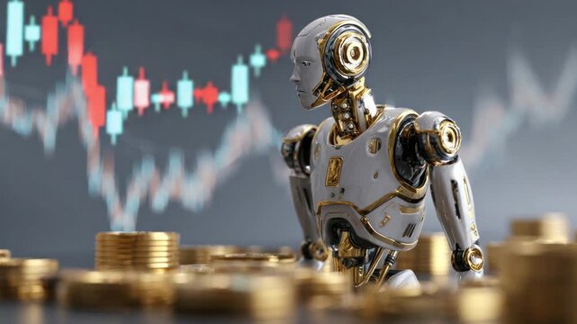 Future Financial Advisor: A sleek robotic figure stands amidst stacks of gold coins, set against the backdrop of a fluctuating stock market chart.