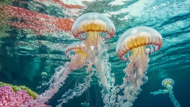 Jellyfish Ballet: Witness the ethereal dance of several jellyfish gracefully floating in the deep blue sea, illuminated by the sun's gentle touch. capturing the magic and beauty of the marine world