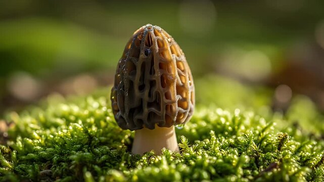 Wet Morel Mushroom Growing on Green Moss in Spring Forest