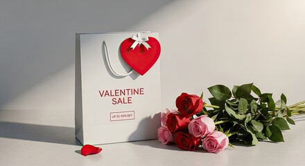 White shopping bag decorated with a large red heart sits next to a bouquet of fresh red and pink roses for a seasonal.