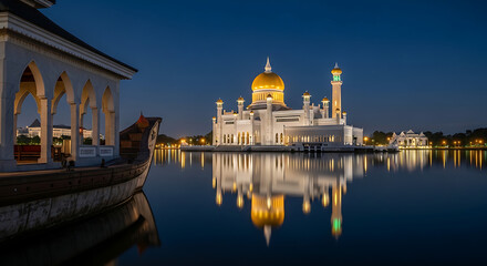 Obraz premium A majestic mosque with a golden dome and minarets, beautifully illuminated at night, reflected in the calm water, with a traditional boat in the foreground.